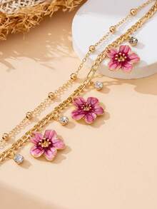 1 pièce Élégant bracelet de cheville de luxe dégradé tie-dye fait main avec Plumeria et gland, style glamour scintillant pour l'été et la plage pour femmes - Rose bonbon - Voir 4