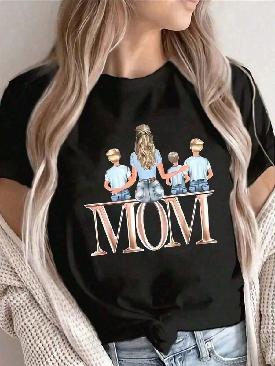 Mother's Day Lightweight And Durable Short-Sleeve T-Shirt - A Special Mother's Day Offer Featuring A Family-Themed Print. Suitable For Casual Wear At Home Or Out And About, Providing A Comfortable Everyday Wear Experience. 100% Cotton T-Shirt - 黑色 - 查看 1