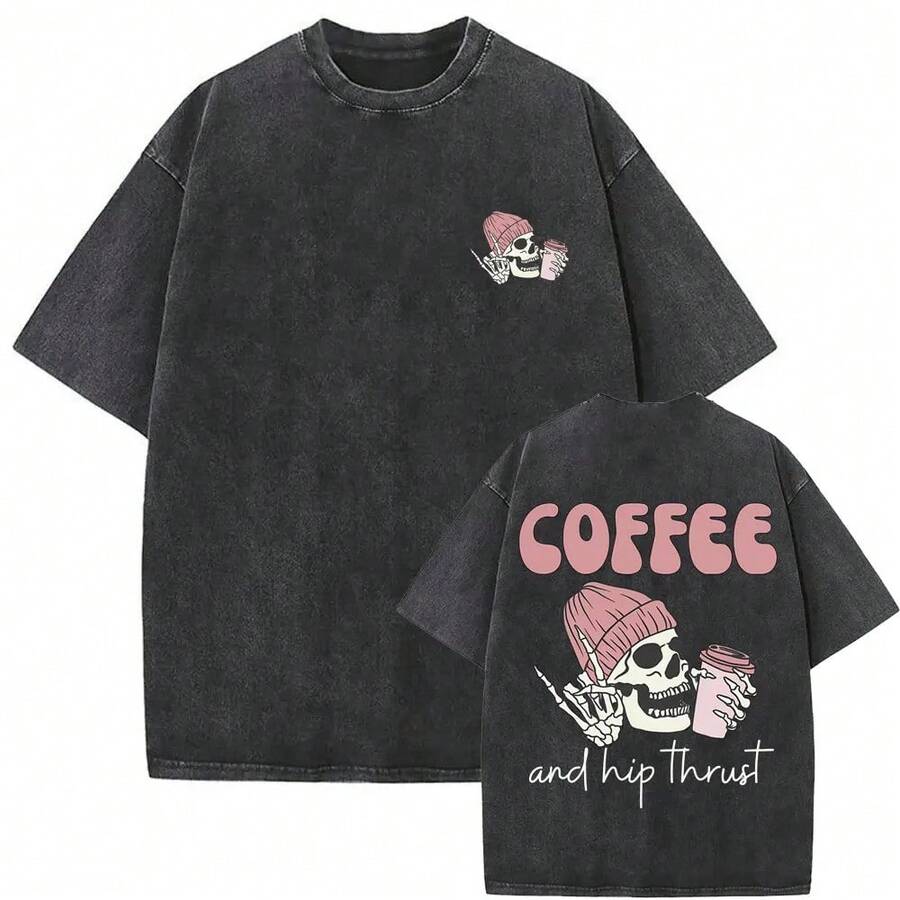 Fun Oversized T-Shirt For Men And Women, Vintage Style, Washed Skeleton Print, Gym Style, For Casual Workouts, Fitness, Girls' Clothing, Men's T-Shirt, Women's Blouses, Durable Cotton, Everyday Wear, With National Shipping - 粉色 - 查看 1