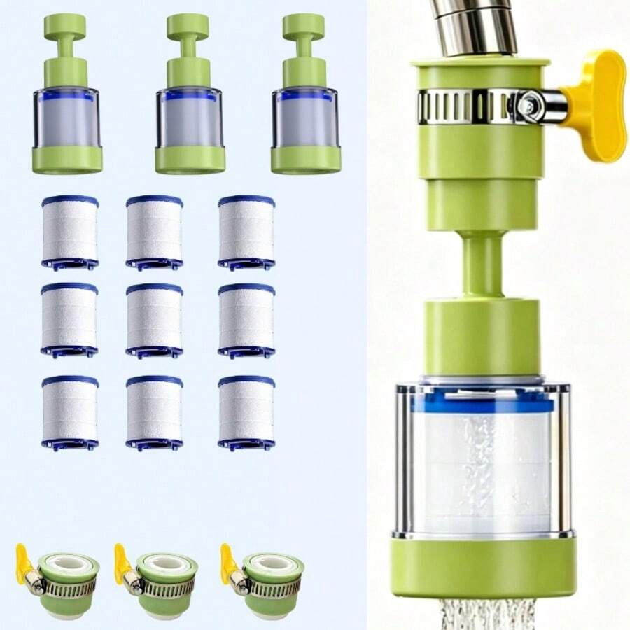 3个滤芯/9个替换滤芯/3个通用适配器。水龙头净水器及过滤器，采用360°旋转出水口设计，防溅节水。时尚简约的优质机身设计，节省空间。