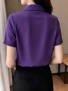 女款純色休閒百搭日常穿著短袖襯衫 夏季 - 紫羅蘭色 - 查看 3