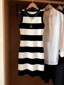 Vestido de mujer de cuello redondo ajustado sin mangas con estampado de rayas, primavera/verano - Multicolor 6 - Ver 1