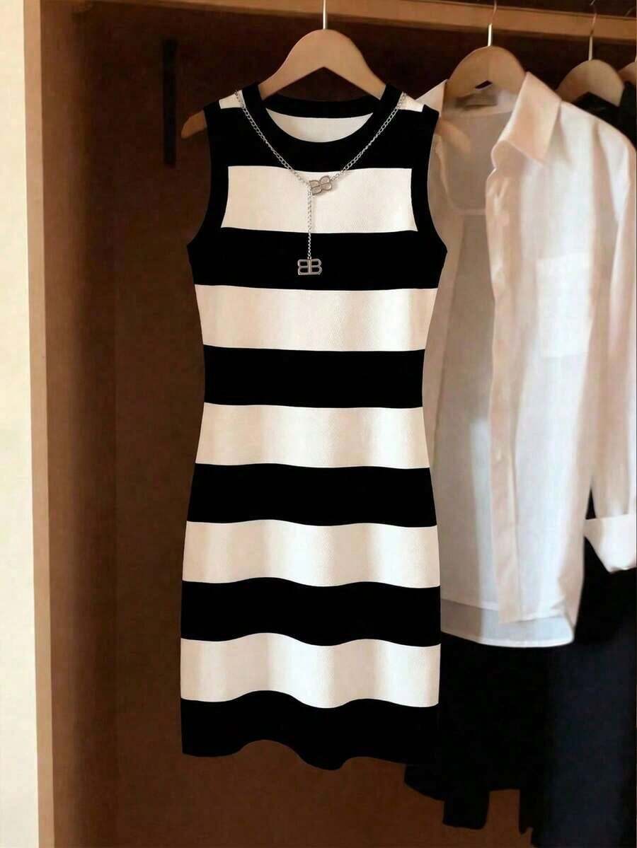 Vestido de mujer de cuello redondo ajustado sin mangas con estampado de rayas, primavera/verano - Multicolor 6 - Ver 1