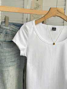 Camiseta ajustada de mujer de cuello de pico, manga raglán, color azul claro, estilo minimalista casual, 95% algodón - Multicolor 2 - Ver 5