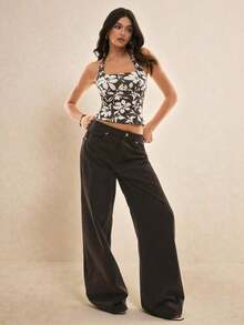 Camisola de Cuello Halter Ajustada con Cuentas de la Marca  para Mujer, Ideal para Vacaciones - Marrón - Ver 5