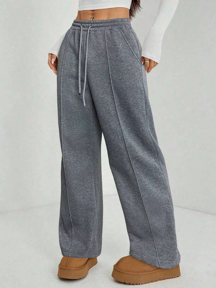 Pantalón de chándal de pierna recta con detalle de guijarro para mujer, mezcla de algodón cómoda - Gris - Ver 1