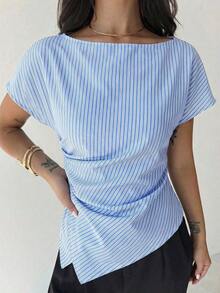 Blusa asimétrica casual y elegante a cuadros, adecuada para ir al trabajo, uso casual diario y vestimenta de negocios de moda para mujer / Vuelta al colegio / Profesora / Blusas para salir / Blusas para salir / Mujer de negocios casual / Camisa a - Azul y blanco - Ver 6