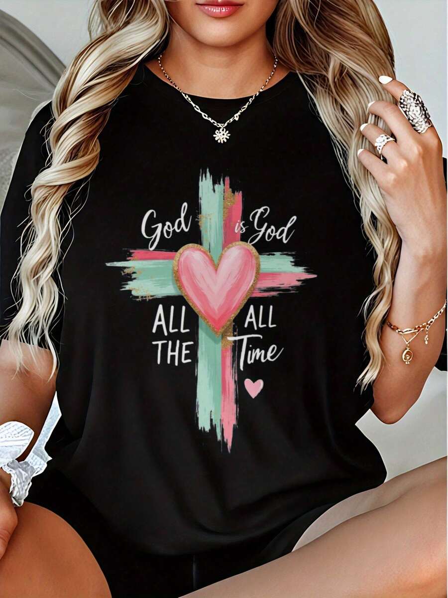 Talla Grande - Talla Grande - Talla Grande - Camiseta Negra Casual de Mujer con Diseño de Corazón Rosa y Cruz | Citas Inspiradoras "Dios es Bueno en Todo Momento", Manga Corta, Corte Hoado, Cuello Redondo, Perfectara Regalos de Verano y Vacaciones, Ropa Casual, uste Cómodo