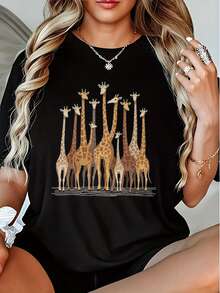 Camiseta de Mujer Talla Grande, Estampado de Jirafa Dor en - Suave y Ligerara Uso Diario, Cuello Redondo, Ropa Casual Lavable a Máquina, Moda Femenina, Patrón Geométrico, Construcción Duradera, Manga Corta, Cómoda y Transpirable - Negro - Ver 2