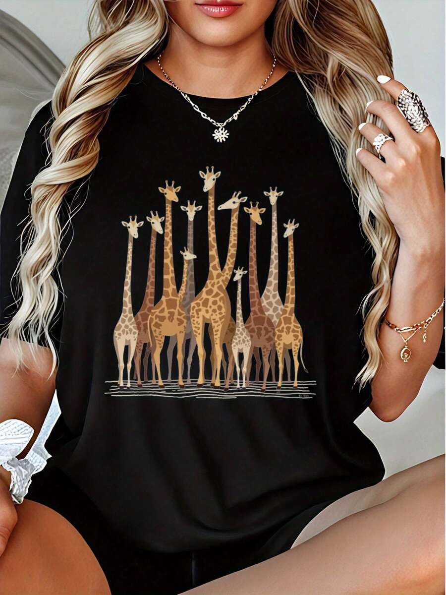 Camiseta de Mujer Talla Grande, Estampado de Jirafa Dor en - Suave y Ligerara Uso Diario, Cuello Redondo, Ropa Casual Lavable a Máquina, Moda Femenina, Patrón Geométrico, Construcción Duradera, Manga Corta, Cómoda y Transpirable