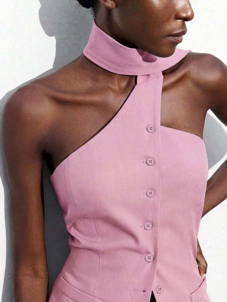 asimétrico de cuello halter con lazo delantero y corte asimétrico, color azul, elegante y chic para fiesta, oficina, viajes, negocios, adecuado para Año Nuevo, graduación, playa, vacaciones, invitado de boda, anfitriona - Rosa - Ver 1