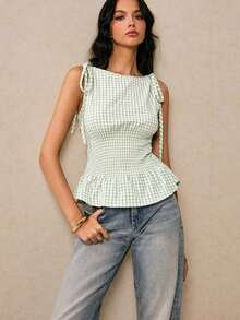 Blusa de cuadros verdes con cuello redondo, cintura con lazo y volantes en el bajo, hombros con lazo, para verano, tops de mujer, tops de verano, tops de concierto, tops de playa, tops con volantes, tops con lazo delantero, tops bohemios, tops de - Verde - Ver 7
