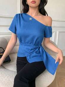 Blusa casual elegante de hombros con nudo, de corte slim para mujeres - Azul - Ver 6