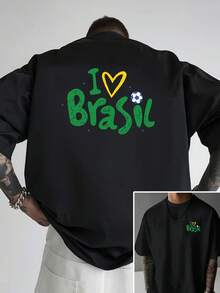 Herr sommar-t-shirt med bara axelband, "I Love Brasil"-design, lös passform med brasilianskt tema, ny trendig herrklädstil, en oumbärlig kortärmad t-shirt för herrmode med design fram och bak, lämplig för vardagligt fritidskläder och sport, bomulls-t-shirt. - Svart - Visa 6