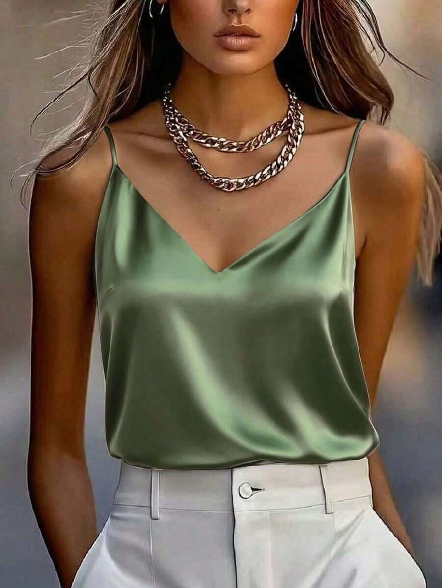 1 pieza Camiseta de satén sin mangas de verano para mujer, elegante top sin espalda de moda, adecuado para verano, citas por la noche, oficina, vacaciones, uso casual diario - Verde - Ver 1