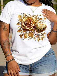 Women's T-Shirt 100% Cotton Retro Bright Yellow With Gold And Pink Heart Print, Short Sleeve, Round Neck, Gold Leaf Design, Machine Washable, For Valentine's Day, Spring And Summer. - White - View 3