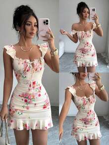 Vestido con estampado floral, volantes y bajo sexy para mujer - Amarillo - Ver 1