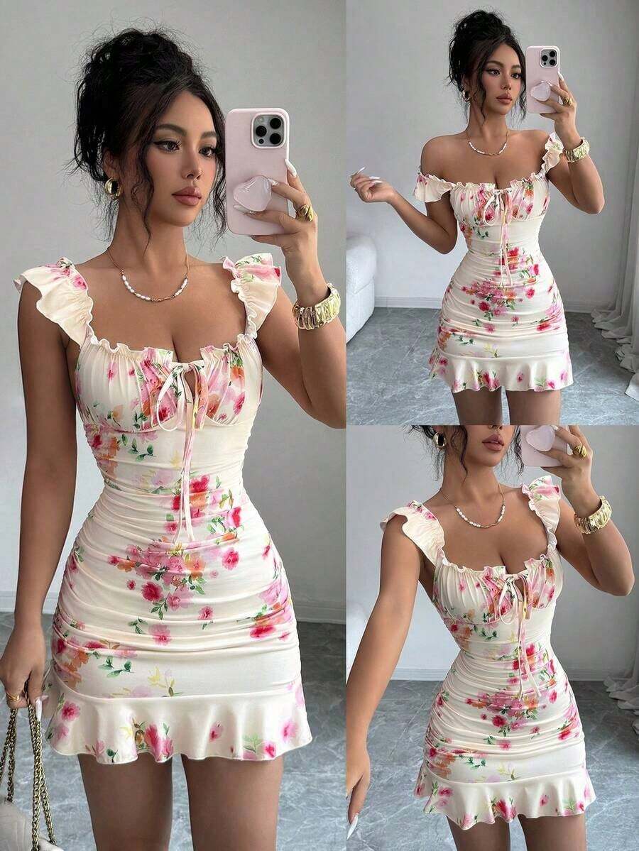 Vestido con estampado floral, volantes y bajo sexy para mujer - Amarillo - Ver 1