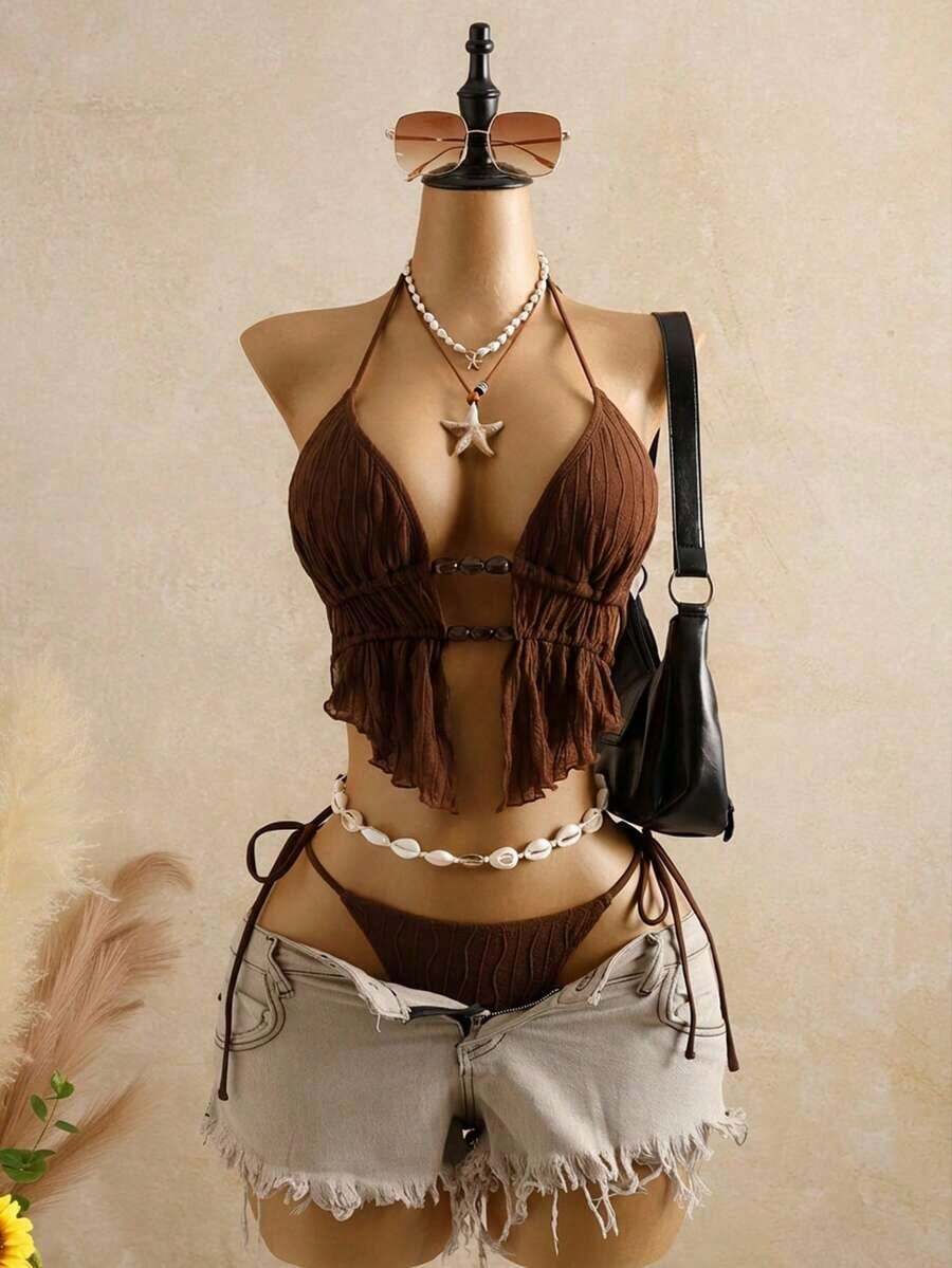 Bellisia Top de bikini de mujer de punto texturizado marrón con cuentas y piedras - Multicolor 2 - Ver 1