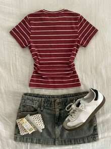 Camiseta de rayas que afina la cintura para mujer, de estilo casual y versátil para el día a día y la moda, para el verano - Multicolor 3 - Ver 2