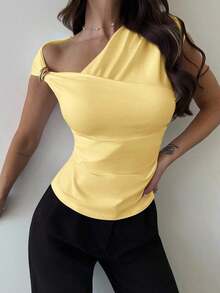 Camiseta blanca ajustada con hombro asimétrico, cintura fruncida, para mujer.Atuendo modesto y elegante para uso diario, playa, aeropuerto, vacaciones, trabajo como maestra. - amarillo ganso - Ver 4