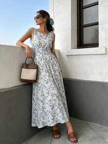 Vestido maxi a cuadros marrones 2026 para mujer, con tirantes de lazo y cintura fruncida con volantes, estilo minimalista casual y perfecto para vacaciones y uso diario - Multicolor 4 - Ver 6