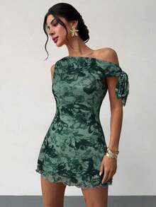 mini de vacaciones elegante y sexy con hombro asimétrico y floral nuevo para mujer en verano, vestido floral de malla, vestido de cuello asimétrico, ropa de primavera/verano, atuendo de playa, elegante, sexy, vacaciones, playa, Hawái, cita - Verde militar - Ver 6