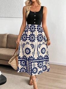 Vestido ajustado sin mangas con estampado de retazos de estilo vacacional para mujer - Azul marino - Ver 5