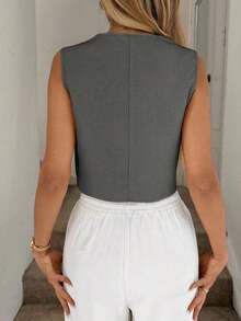 Chaleco negro, chaqueta fina, blusa de oficina para mujer - Gris - Ver 2