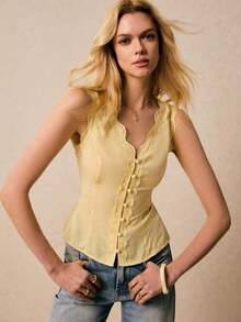Camiseta sin espalda con escote en V, encaje y parches con estampado floral pequeño, estilo casual de verano y vacaciones - Amarillo - Ver 4
