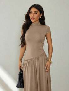 Vestido casual largo plisado de manga abullonada y cuello alto en unicolor para mujer, de verano - Caqui - Ver 5