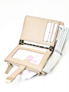 Classic Fashion Leopard Print Patchwork Short Wallet, Compact And Lightweight PU Wallet With Card Slots And Snap Closure - Apricot - View 4