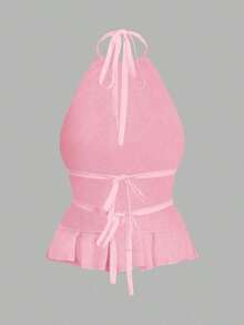 Top de mujer con cuello de halter, espalda descubierta y pliegues de unicolor y sexy - Multicolor 3 - Ver 4