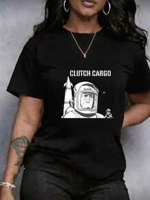 Camiseta para Mujer estampado de leopardo, texto, astronauta y cohete, de cuello redondo, manga corta, ropa transpirable, estilo casual de manga corta y cuello redondo estampado, redondo casual, ideal para entrenamiento y uso casual, top casual de alta calidad, cómodo y perfecto para uso casual en primavera y verano - Negro - Ver 12