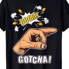 Camiseta negra con estampado de dibujos animados - ideal para uso casual, impresa con un patrón dinámico de gestos, con un llamativo color amarillo - forma - Ver 1