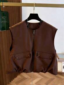 Chaleco corto sin mangas para mujer, con dobladillo de burbuja de unicolor fresco de otoño, cuello redondo con cremallera, de moda y versátil, ajustado negro de verano - Café integral - Ver 4
