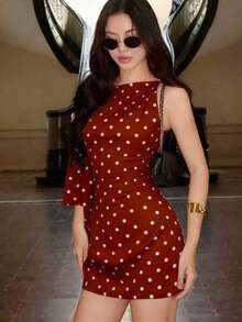 Vestido mini ajustado con estampado de lunares asimétrico y tirantes, elegante negro para primavera/verano - Rojo - Ver 5