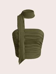 Parte superior de punto fruncida de unicolor + Gargantilla, Primavera/Verano, Parte superior elegante, Parte superior para salir, Playa, Campo, Parte superior casual, Elegante, Ropa de cumpleaños, Parte superior estilo bohemio, Parte superior f - Verde militar - Ver 5