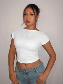 Camiseta casual de mujer de cuello de pico, manga corta y ajustada, versátil - Blanco - Ver 4