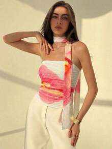 Blusa elegante y romántica de mujer con estampado floral teñido anudado y volantes sin tirantes - Multicolor 4 - Ver 3
