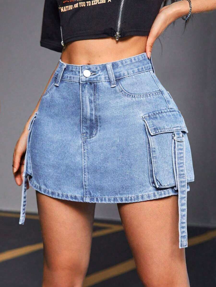 Falda de mezclilla de unicolor de moda para mujer - Lavado ligero - Ver 1