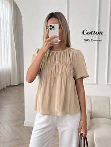 Camisa casual de mujer de unicolor, cuello redondo, manga corta y plisada - Caqui - Ver 7