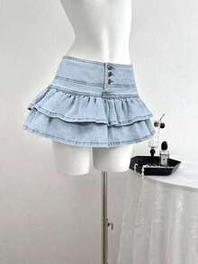 Falda de mezclilla de moda para mujer con diseño de cintura con botones y dobladillo con doble volante - Lavado ligero - Ver 4