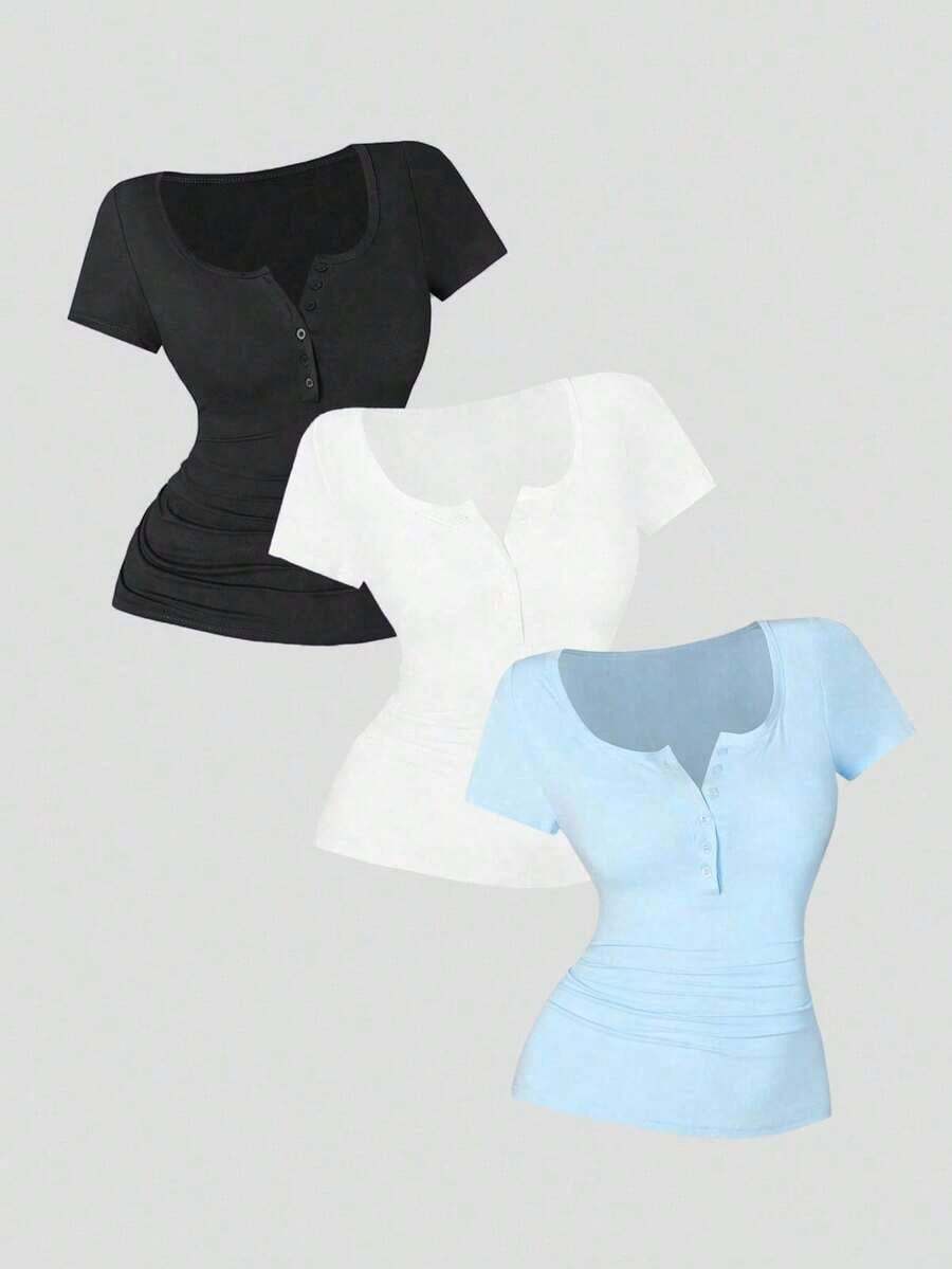 3 piezas Camisetas de manga corta casuales y versátiles de unicolor con pliegues para mujer - Multicolor 7 - Ver 1
