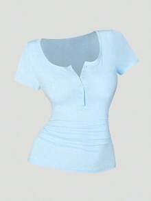 3 piezas Camisetas de manga corta casuales y versátiles de unicolor con pliegues para mujer - Multicolor 7 - Ver 3