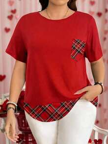 Camiseta casual de talla grande con bolsillo y rayas de contraste, prenda de vestir occidental estilo boho bohemio, top de festival de los 90, verano y primavera - Rojo 2 - Ver 1