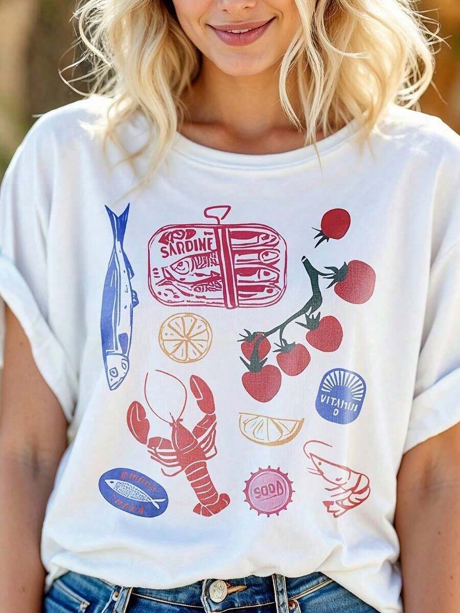 Camiseta Gráfica de Mariscos Franceses – Diseño Vintage de Sardinas, Langosta y Tomate A423 – Transpirable y Amigable con la Piel - Color 5 - Ver 1