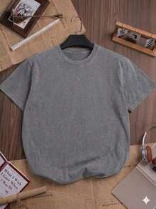 Washed Grey Short-Sleeved T-Shirt With A Loose Fit, Vintage Urban Style, Basic, Breathable And Comfortable For The Skin In Summer. - Grey - View 12