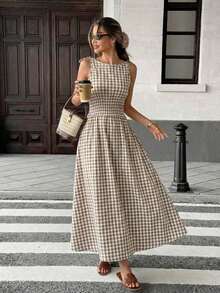 Vestido maxi a cuadros marrones 2026 para mujer, con tirantes de lazo y cintura fruncida con volantes, estilo minimalista casual y perfecto para vacaciones y uso diario - Multicolor 3 - Ver 4