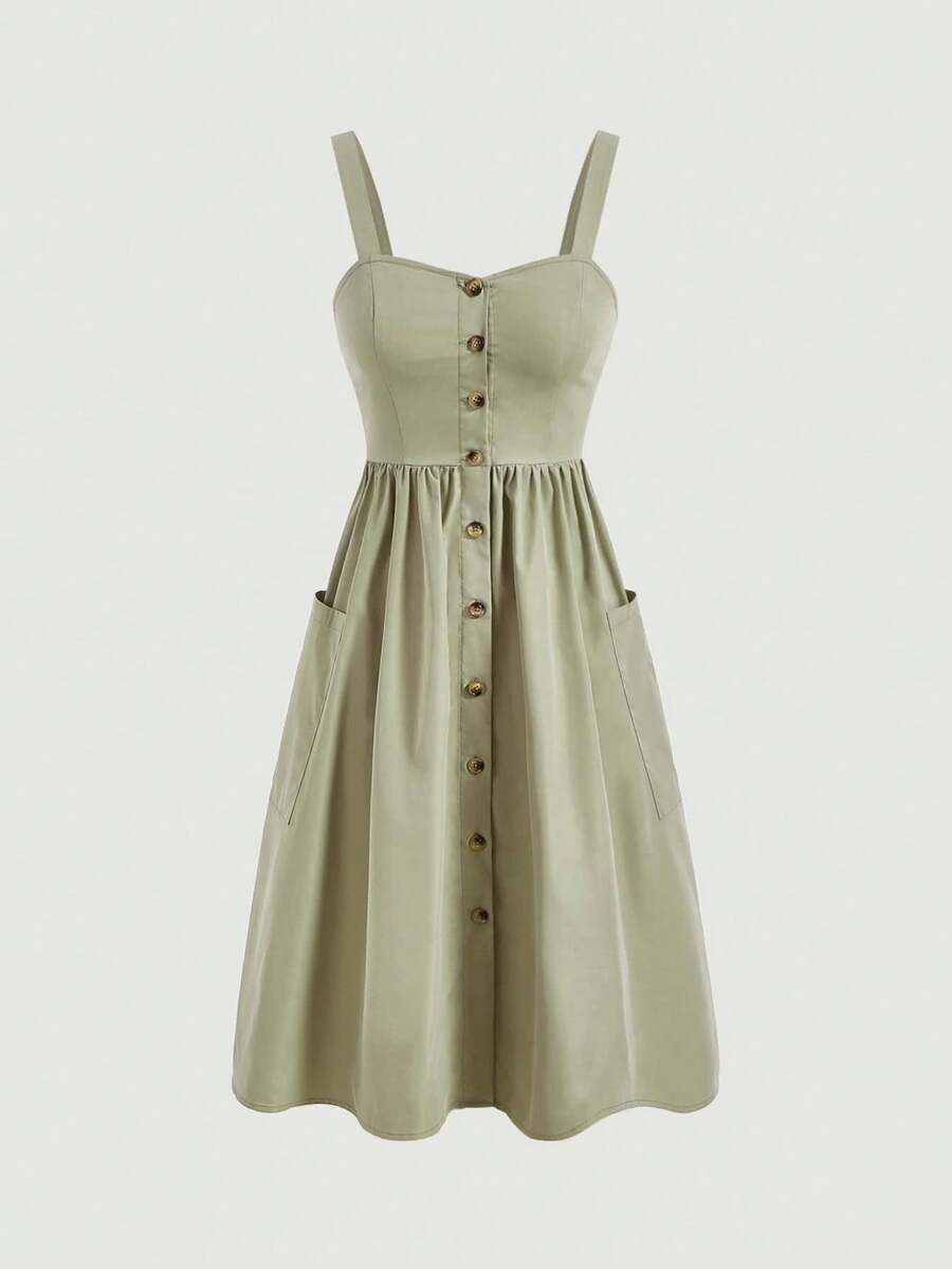 Vestido casual de tirantes con bolsillo y diseño de botones de unicolor para mujer - Verde lima - Ver 1